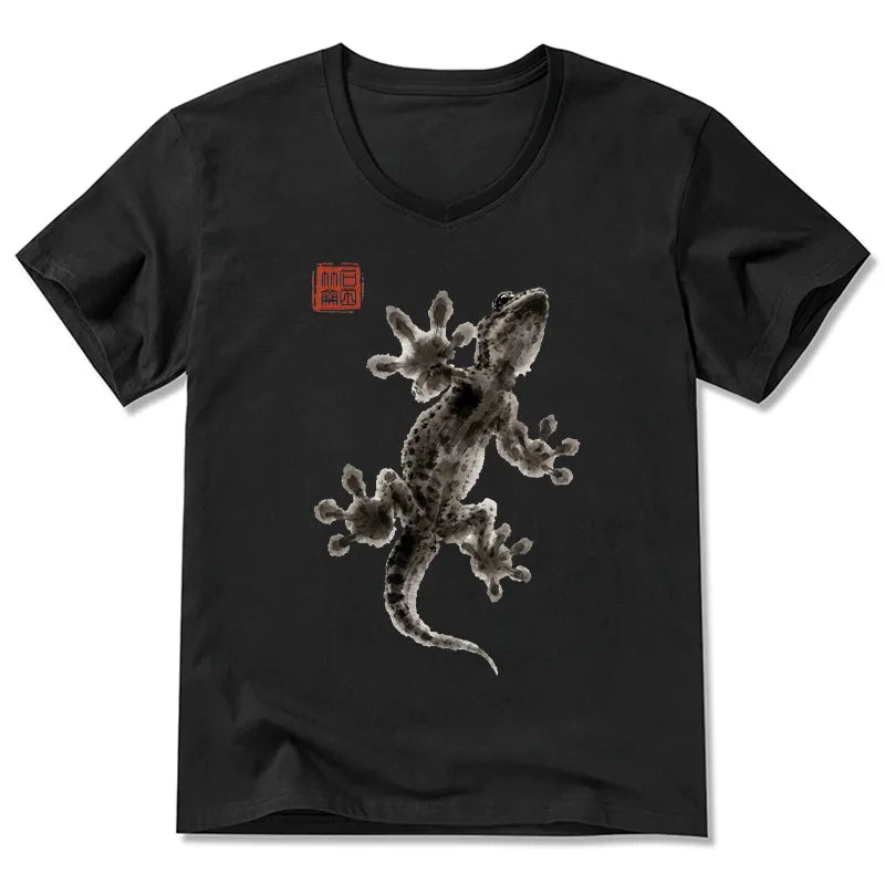 Kyoto-Lion Minimal Asian Ink Brush Gecko Vibe V-Neck Classic T-Shirt