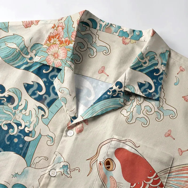 Kyoto-Lion Koi With Sakura Waves Aloha Hawaiian Shirt