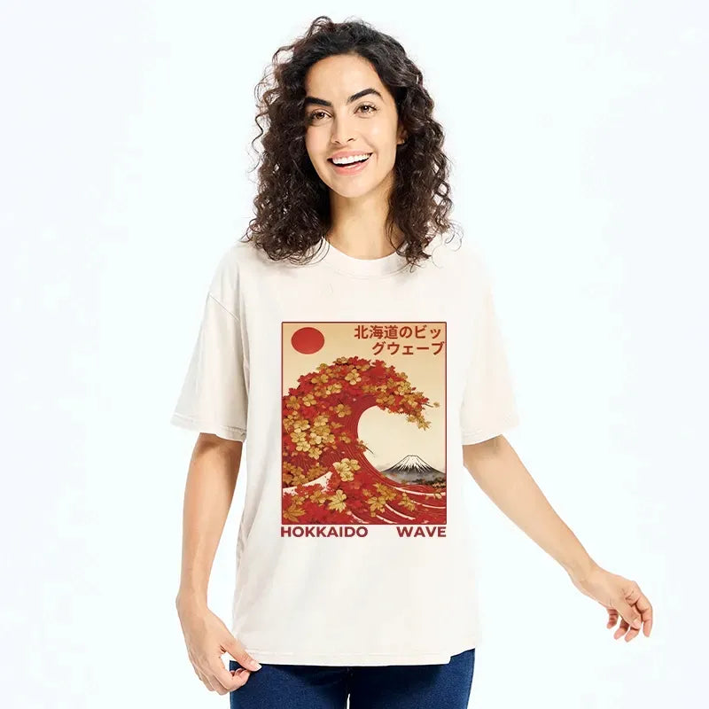 Kyoto-Lion Hokkaido Wave Fall Leaves Washed T-Shirt