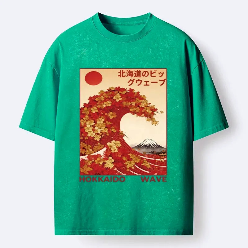 Kyoto-Lion Hokkaido Wave Fall Leaves Washed T-Shirt