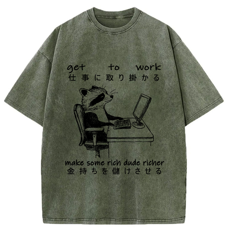Kyoto-Lion Raccoon Get To Work Washed T-Shirt