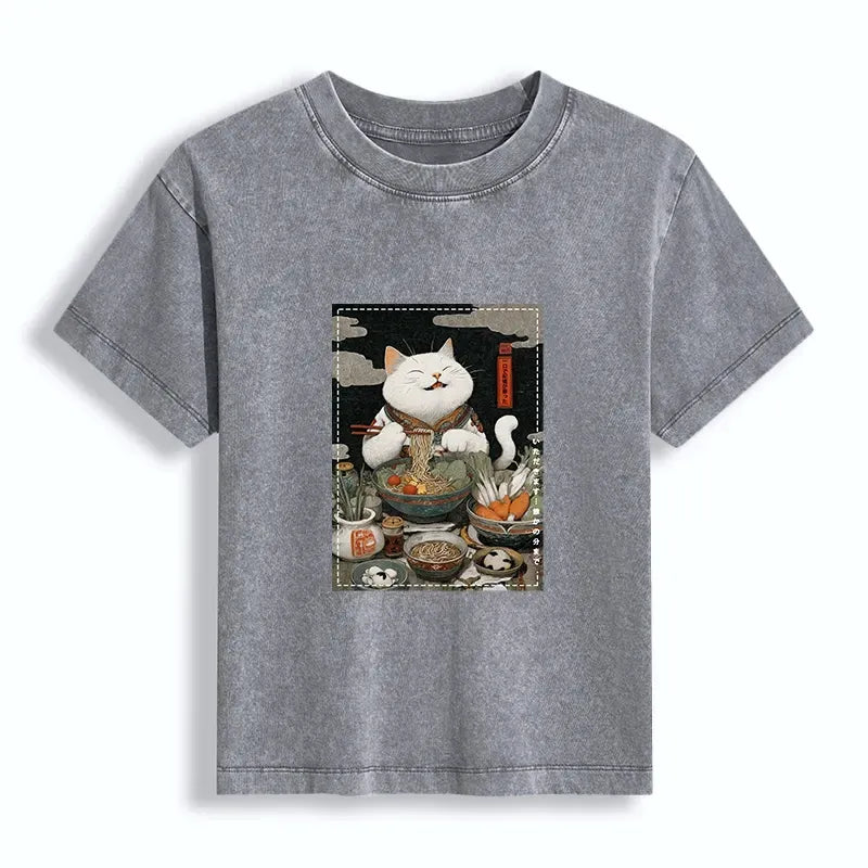 Kyoto-Lion The Ramen-Loving Cat Women's Washed T-shirt
