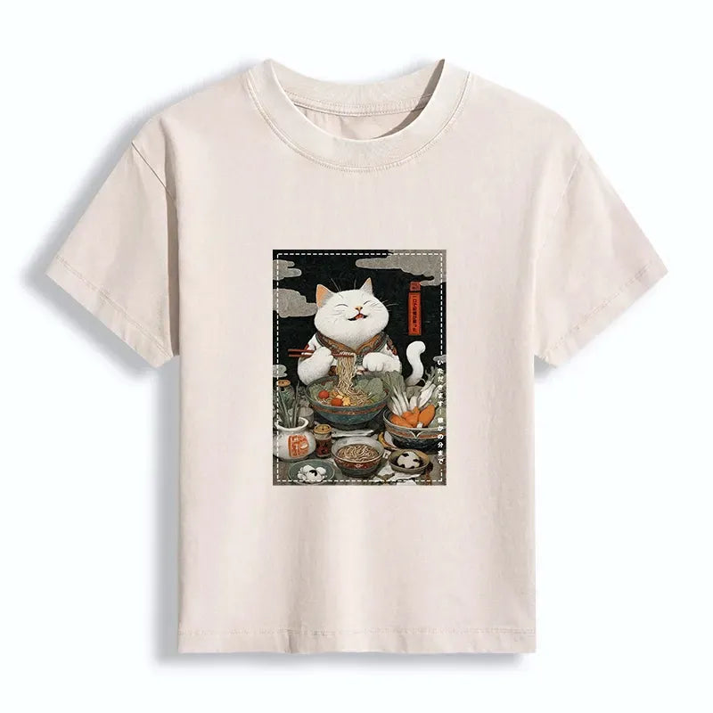 Japanese Ramen Cat Washed T-shirt for Women