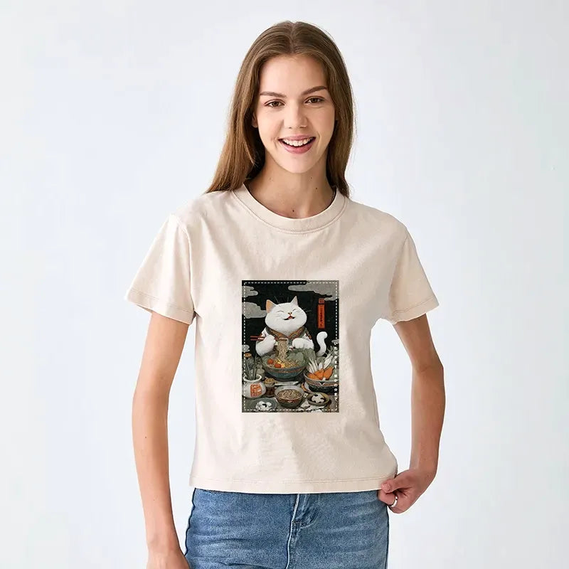 Japanese Ramen Cat Washed T-shirt for Women