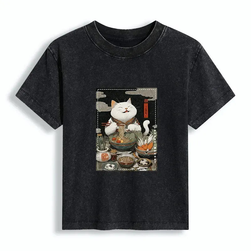 Kyoto-Lion The Ramen-Loving Cat Women's Washed T-shirt