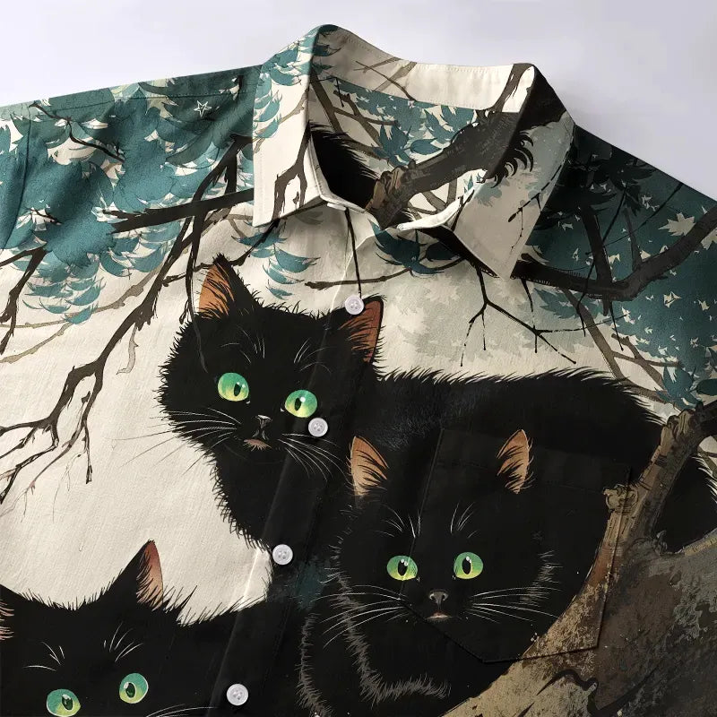 Kyoto-Lion Three Shocked Cats On A Branch Button-up Shirt