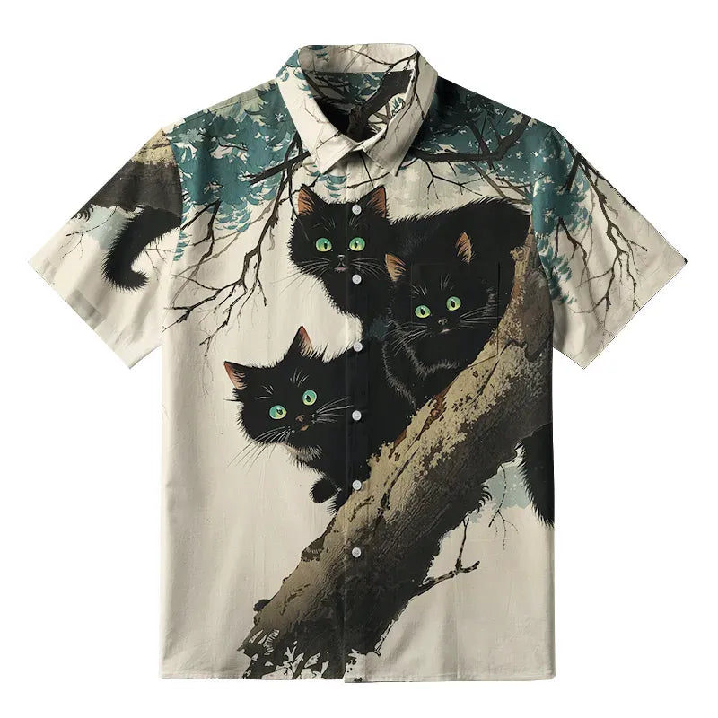 Kyoto-Lion Three Shocked Cats On A Branch Button-up Shirt