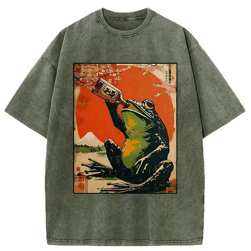 Kyoto-Lion Frog Drinking Beer Washed T-Shirt