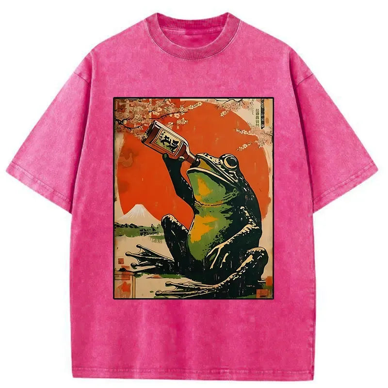 Frog Drinking Beer Japanese T-Shirt for Summer