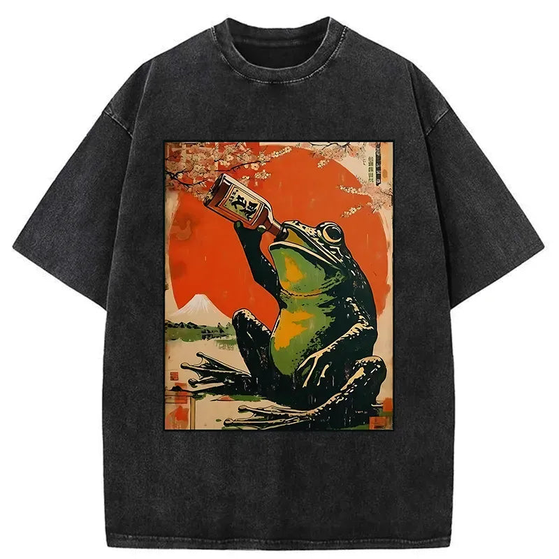 Kyoto-Lion Frog Drinking Beer Washed T-Shirt