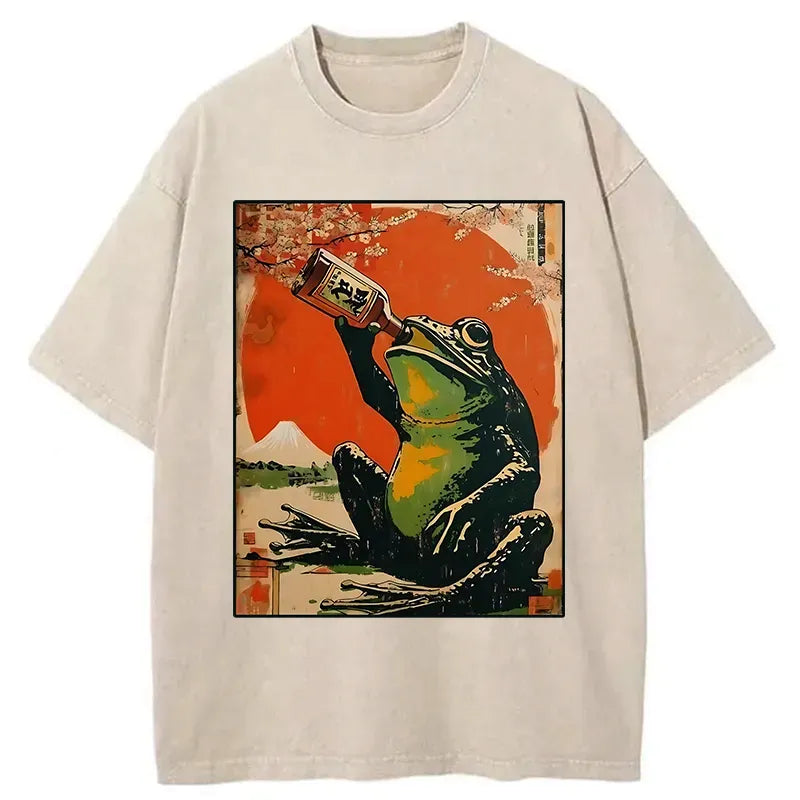 Kyoto-Lion Frog Drinking Beer Washed T-Shirt