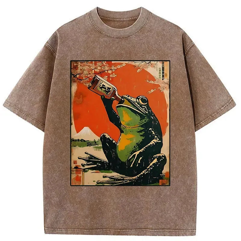 Frog Drinking Beer Japanese T-Shirt for Summer