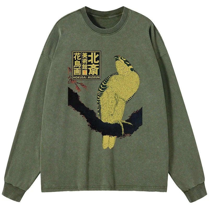 Japanese woodblock print flower and bird shirt