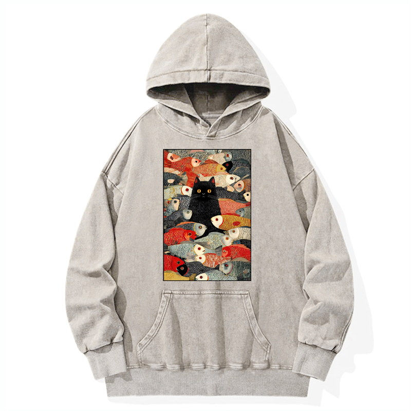 Japanese cats and fish washed hoodie
