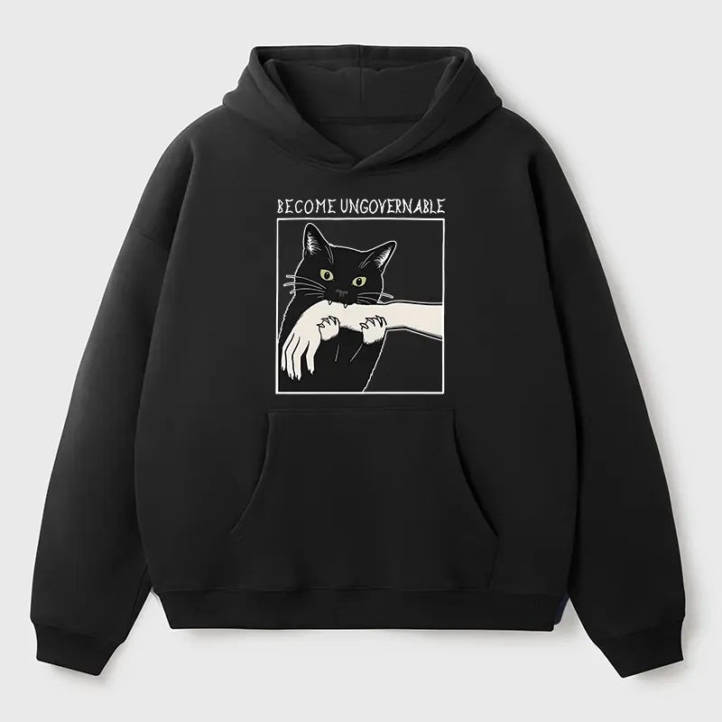 Kyoto-Lion Black Cat Biting Adult Fleece Hoodie