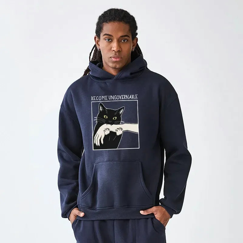 Kyoto-Lion Black Cat Biting Adult Fleece Hoodie