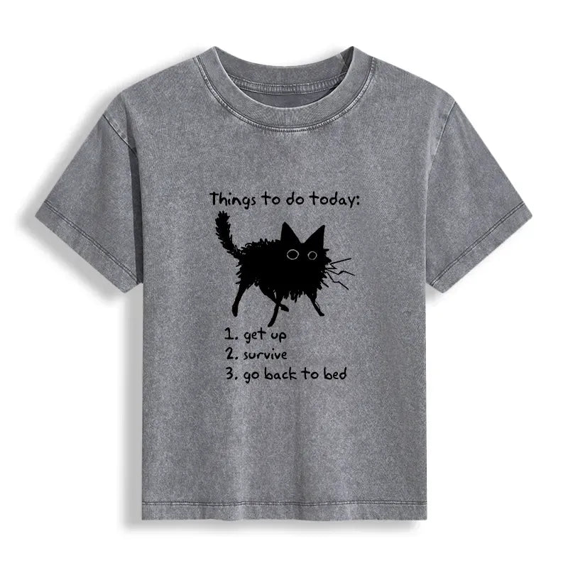 Kyoto-Lion Lazy Cat Survive Day Funny Meme Women's Washed T-shirt