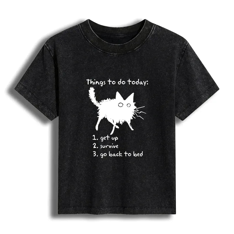 Kyoto-Lion Lazy Cat Survive Day Funny Meme Women's Washed T-shirt