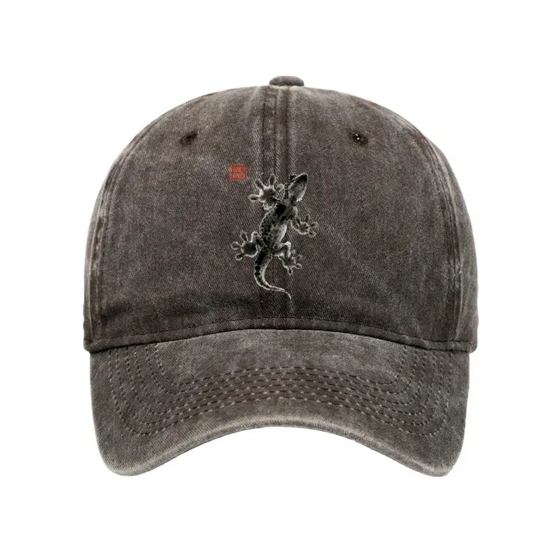 Kyoto-Lion Minimal Asian Ink Brush Gecko Vibe Washed Cap