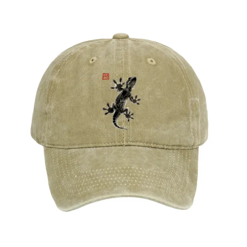 Kyoto-Lion Minimal Asian Ink Brush Gecko Vibe Washed Cap