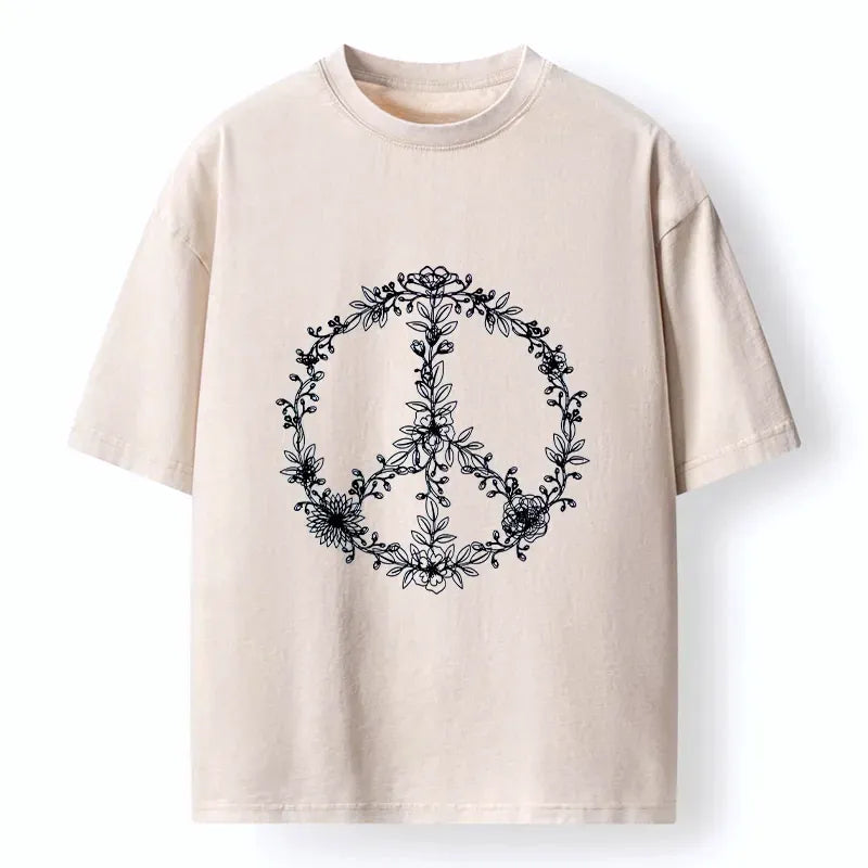 Kyoto-Lion Circle Of Flower Peace Sign Washed T-Shirt