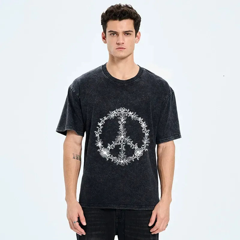 Kyoto-Lion Circle Of Flower Peace Sign Washed T-Shirt