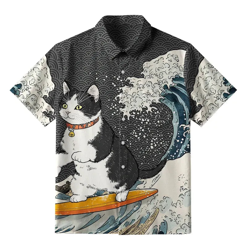 Kyoto-Lion Surfing Cat Button-up Shirt
