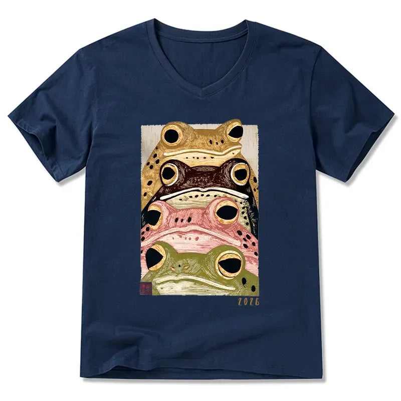 Kyoto-Lion Whimsical Multi Colored Frog Art V-Neck Classic T-Shirt