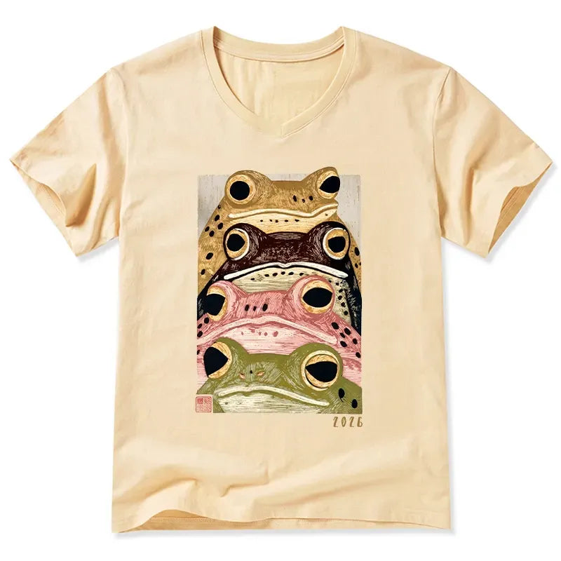 Kyoto-Lion Whimsical Multi Colored Frog Art V-Neck Classic T-Shirt