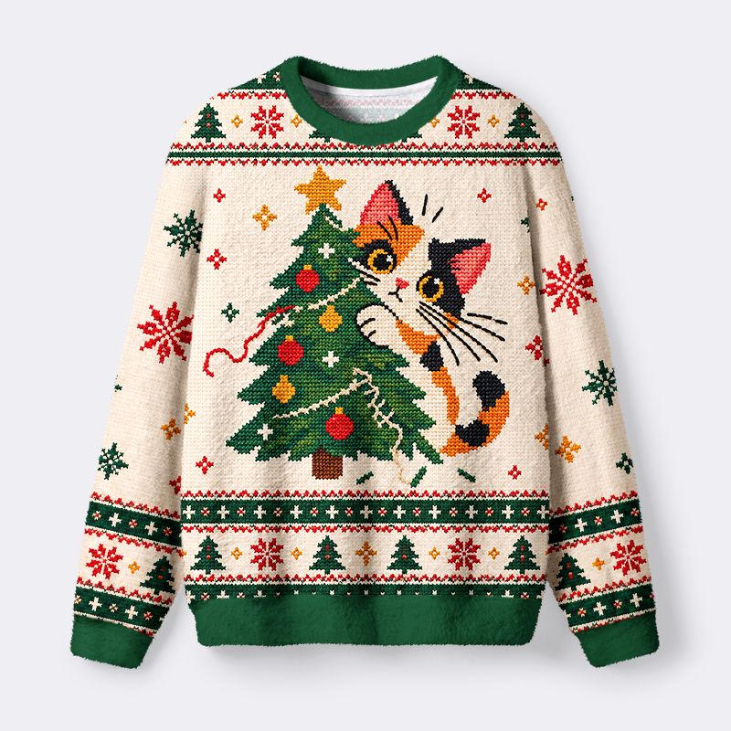 Kyoto-Lion Cat Christmas Tree Fuzzy Christmas Ugly Sweatshirt