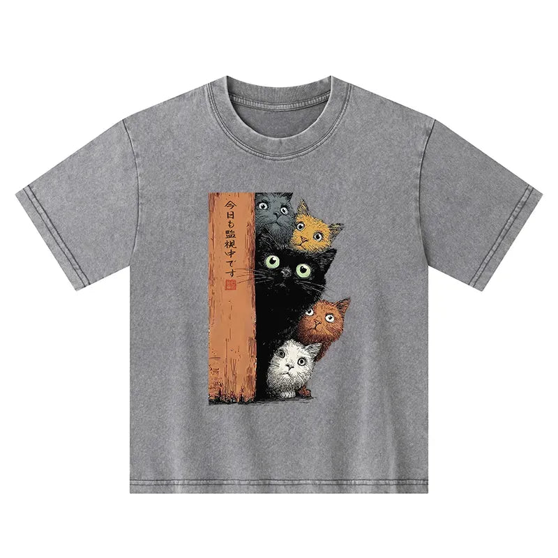 Kyoto-Lion Five Cats Are Watching You Kids Washed T-Shirt