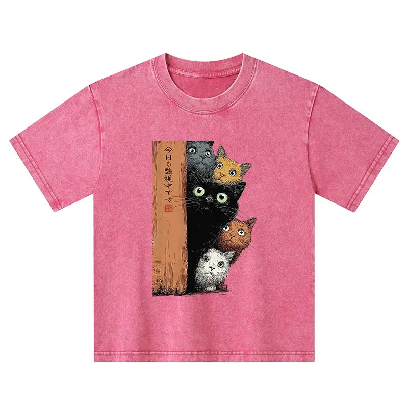 Kyoto-Lion Five Cats Are Watching You Kids Washed T-Shirt