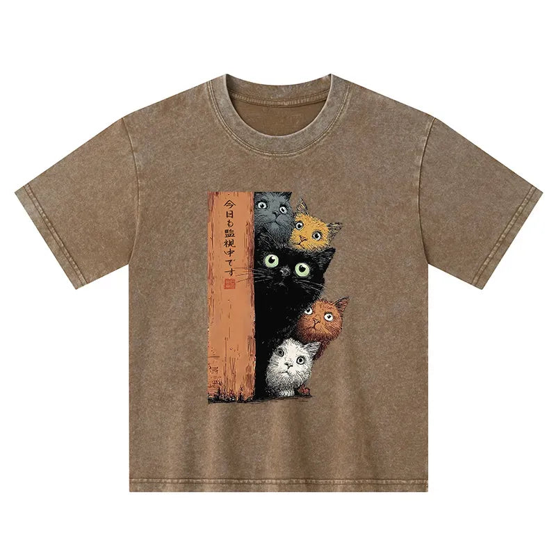 Kyoto-Lion Five Cats Are Watching You Kids Washed T-Shirt