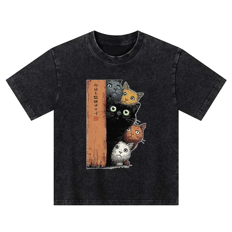 Kyoto-Lion Five Cats Are Watching You Kids Washed T-Shirt