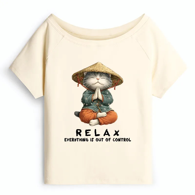 Kyoto-Lion Zen Relax Cat Graphic Off Shoulder T-Shirt