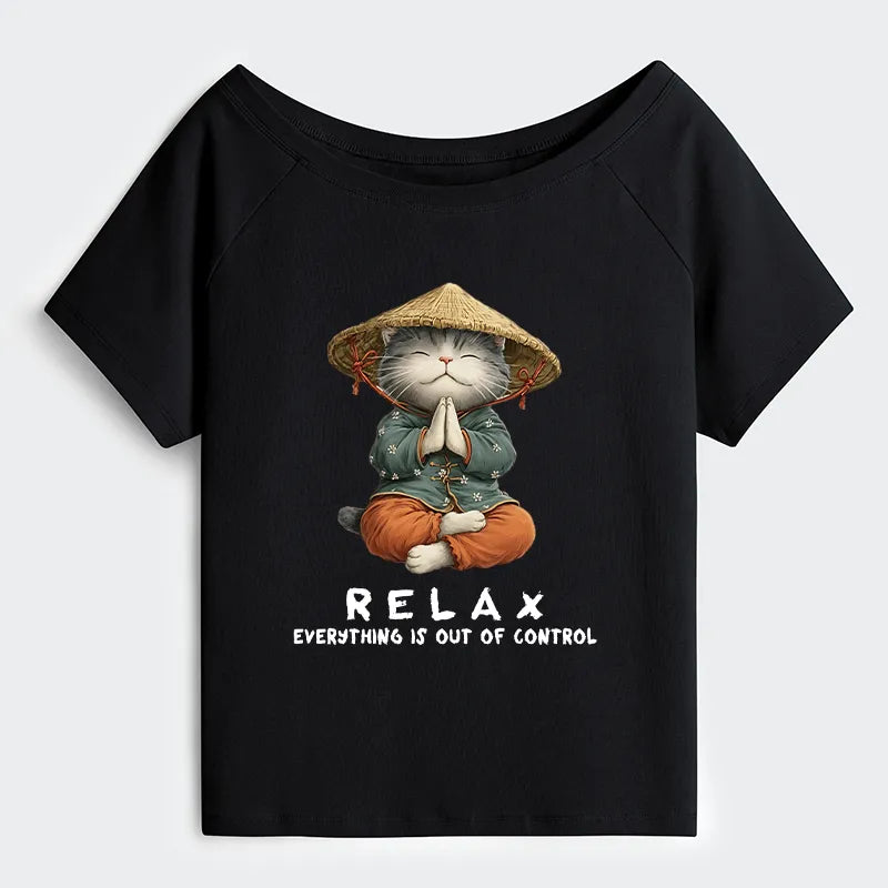 Kyoto-Lion Zen Relax Cat Graphic Off Shoulder T-Shirt
