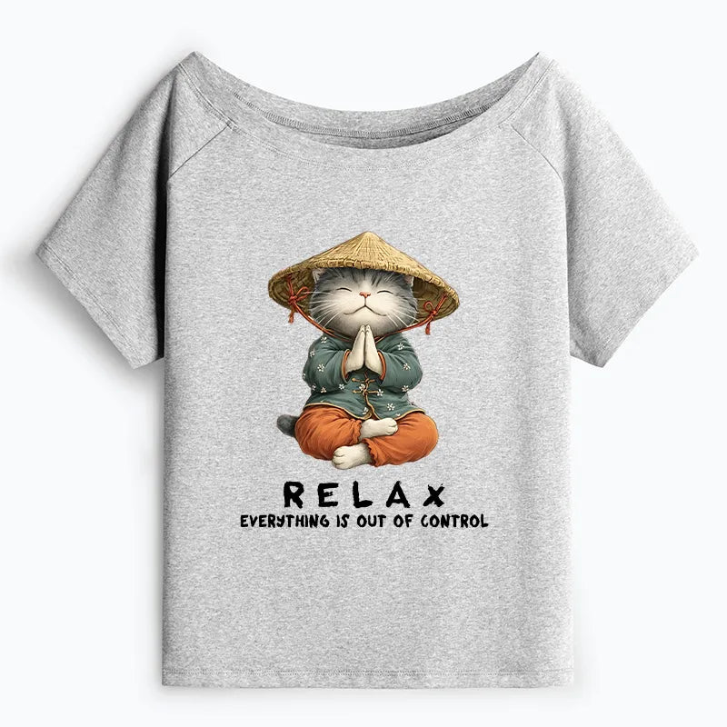 Kyoto-Lion Zen Relax Cat Graphic Off Shoulder T-Shirt