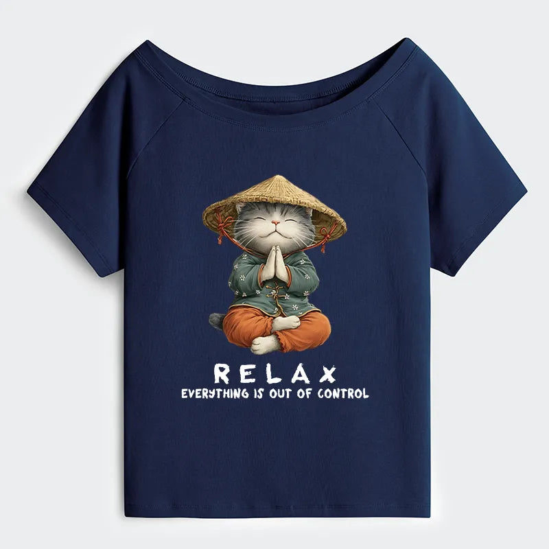 Kyoto-Lion Zen Relax Cat Graphic Off Shoulder T-Shirt