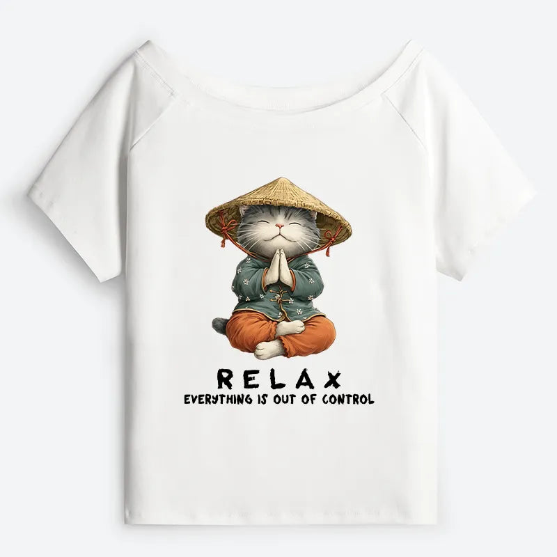 Kyoto-Lion Zen Relax Cat Graphic Off Shoulder T-Shirt