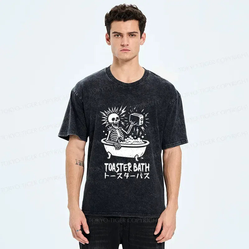 Kyoto-Lion Funny Skeleton Taking A Bath Washed T-Shirt