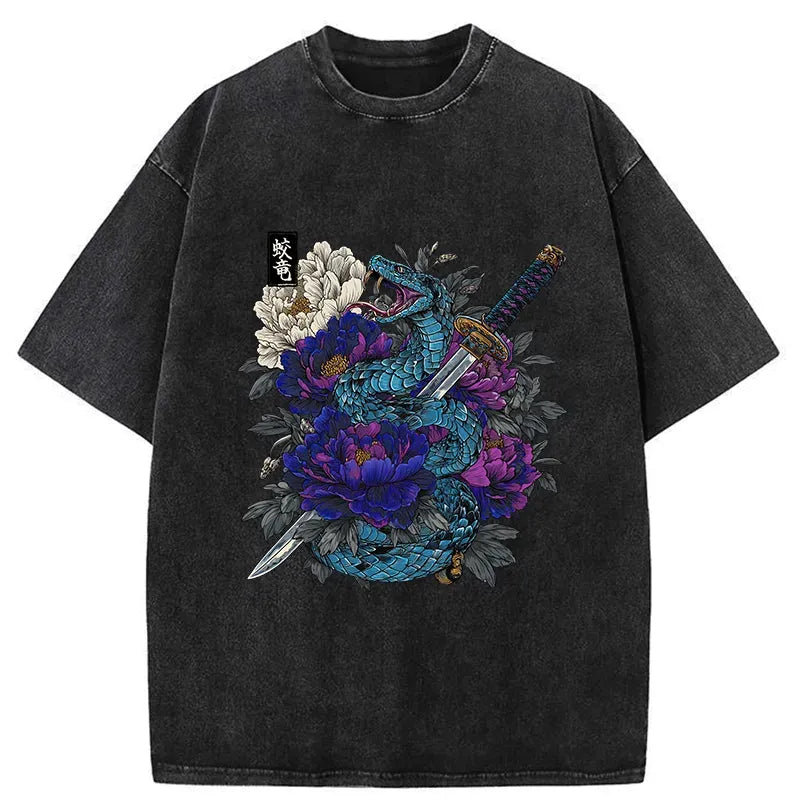 Kyoto-Lion Snake Katana Japanese Washed T-Shirt