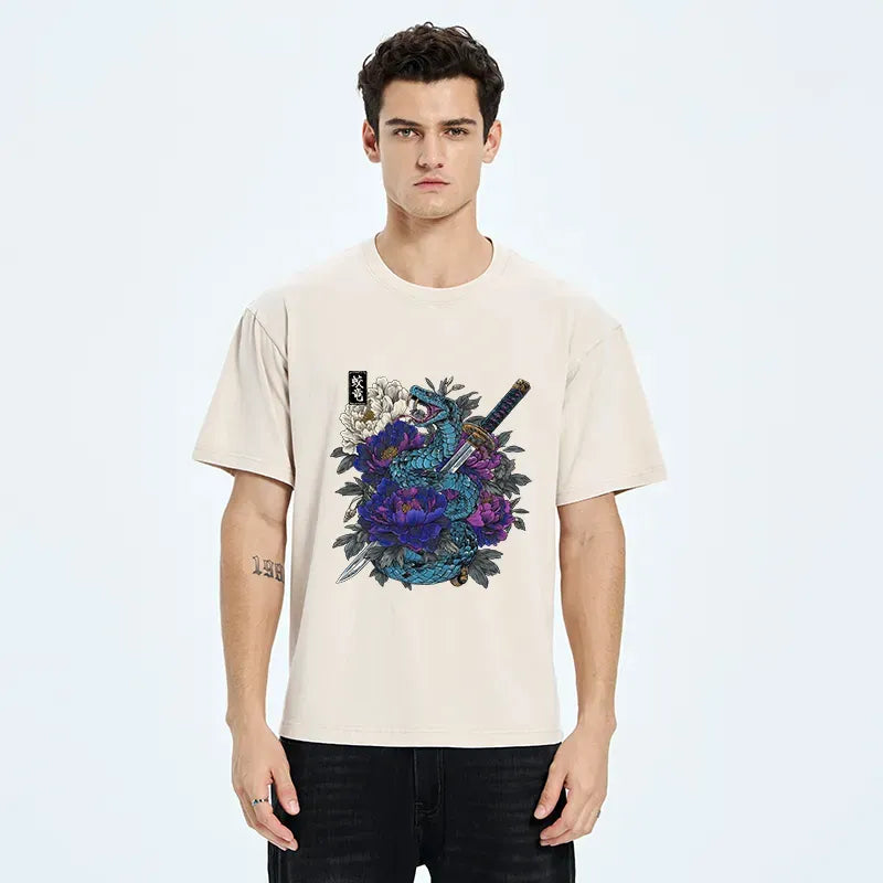 Kyoto-Lion Snake Katana Japanese Washed T-Shirt