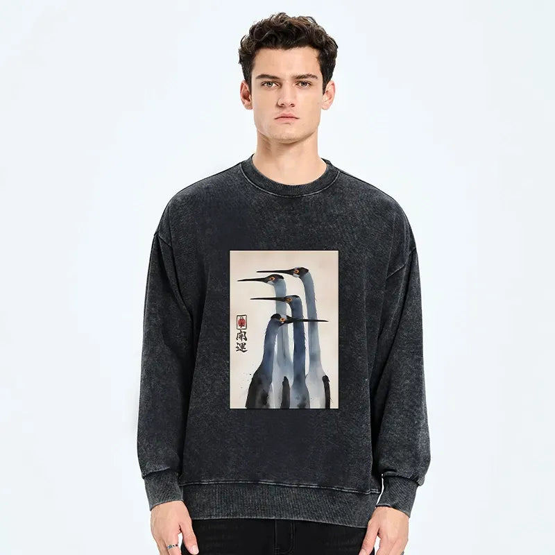 Retro Wased Crane Sweatshirt for Daily Wear