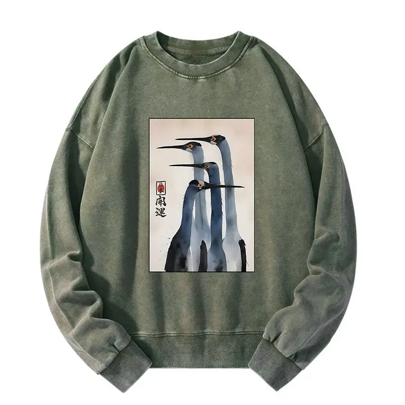 Retro Wased Crane Sweatshirt for Daily Wear