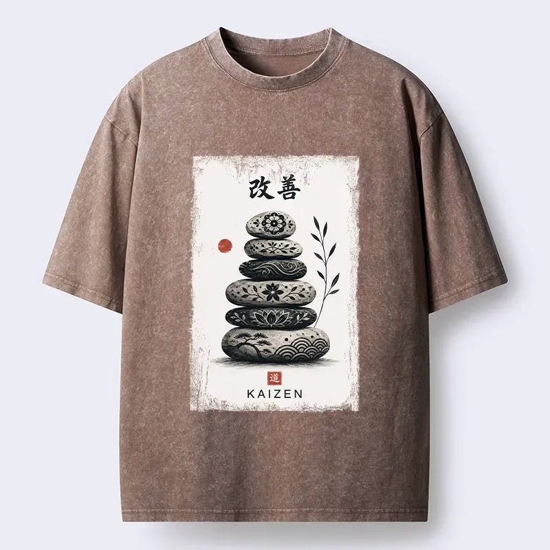 Kyoto-Lion Japanese Balance Stone Floral Print Washed T-Shirt