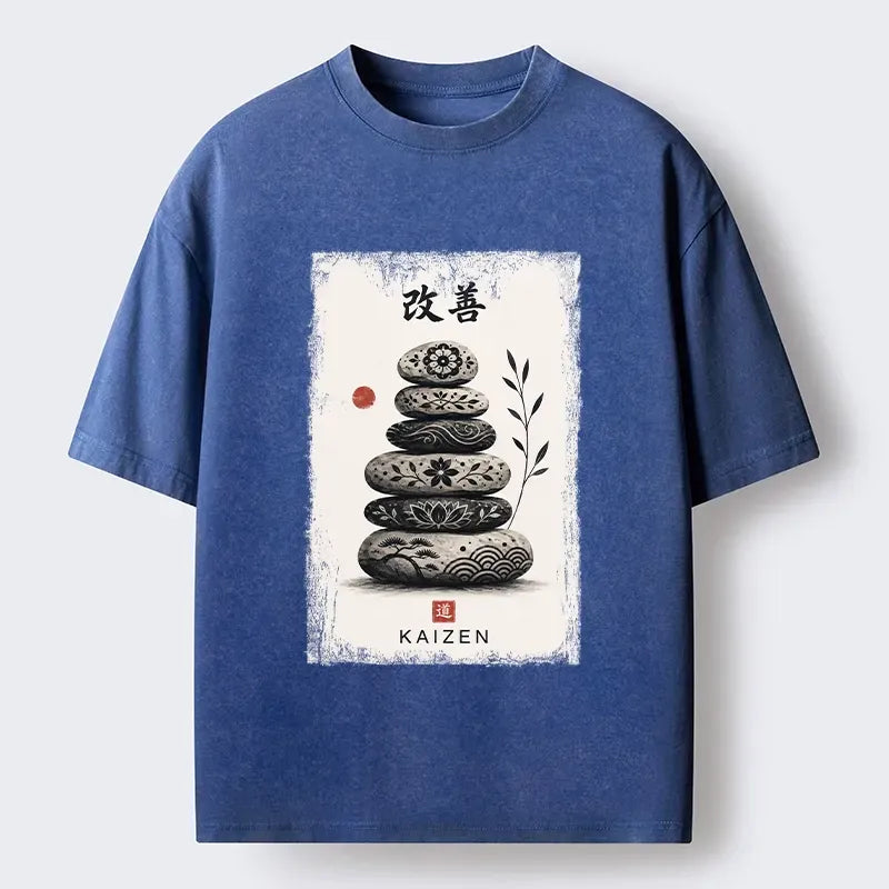 Kyoto-Lion Japanese Balance Stone Floral Print Washed T-Shirt