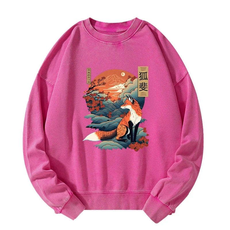 Kyoto-Lion Japanese Kitsune Fox Sakura Washed Sweatshirt