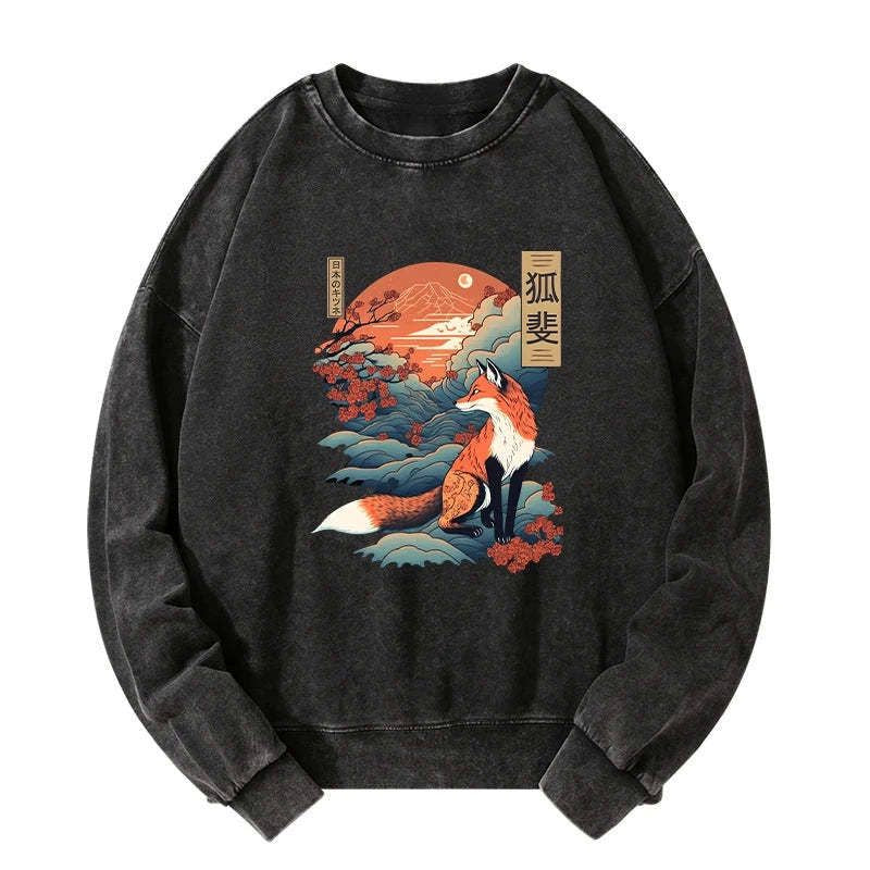 Kyoto-Lion Japanese Kitsune Fox Sakura Washed Sweatshirt