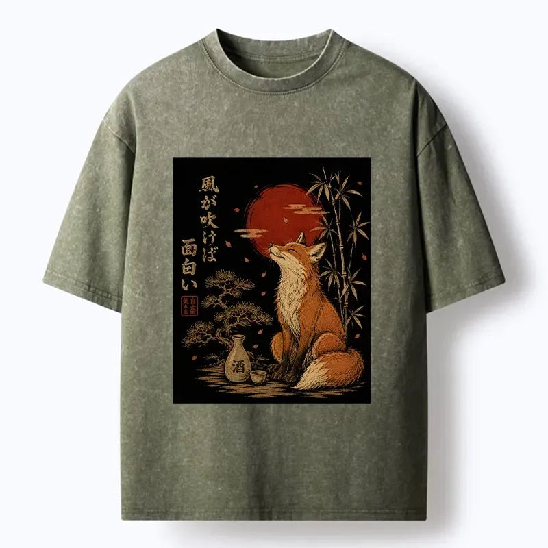 Kyoto-Lion Zen Fox Enjoying The Night Air Washed T-Shirt