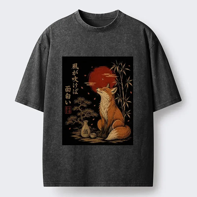 Kyoto-Lion Zen Fox Enjoying The Night Air Washed T-Shirt